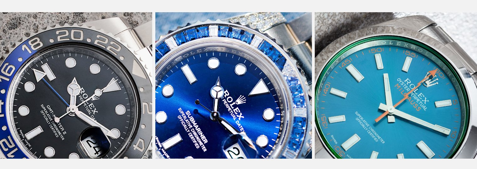 Rolex GMT-Master II Ref 116710BLNR, Submariner Date Ref. 116659SABR, and Milgauss Ref. 116400GV