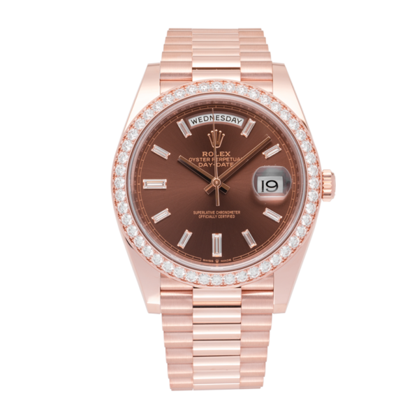 Rolex Day-Date Everrose Gold Presidential Chocolate Stick Index Dial with Diamond Set Bezel 40 MM