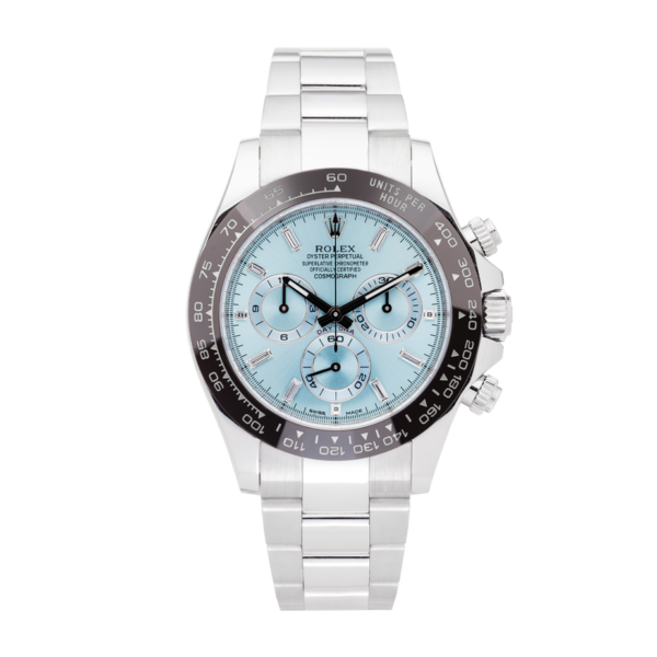 Rolex Cosmograph Platinum Daytona Ice Blue Dial Ref. 116506 Watch Front View 2
