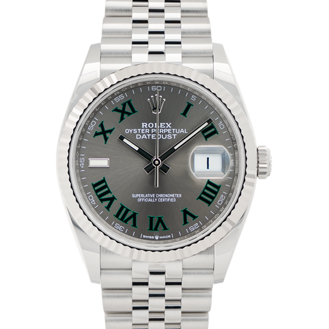 rolex datejsut 36 wimbledon dial jubilee 126234 close front