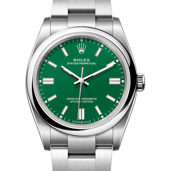 Rolex Oyster Perpetual 36 Green Dial Color 126000 close Front View