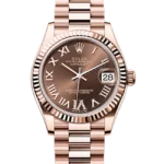 Rolex Datejust 31 Chocolate Roman Diamond Rose Gold President 278275 - Stock photo - Close front look