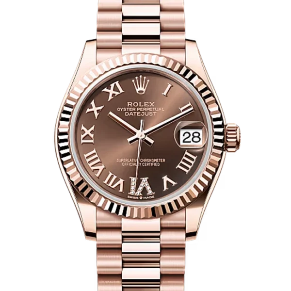 Rolex Datejust 31 Chocolate Roman Diamond Rose Gold President 278275 - Stock photo - Close front look