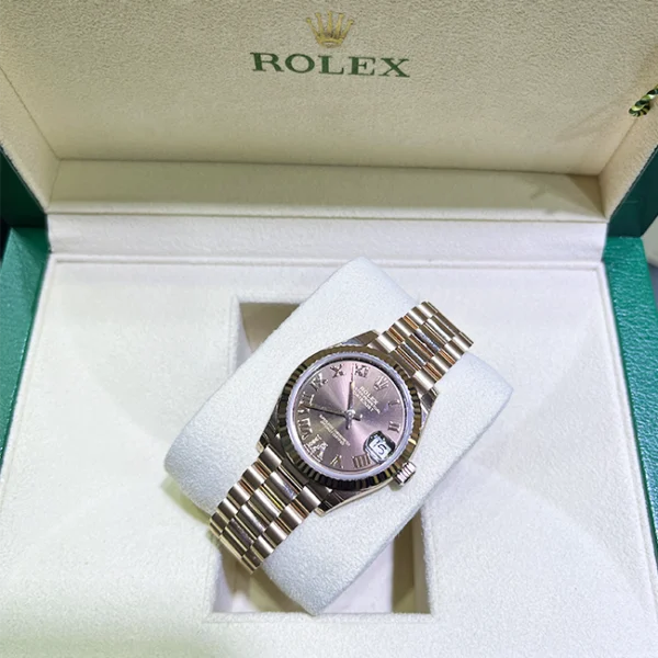 Rolex Datejust 31 Chocolate Roman Diamonds Dial Fluted Bezel Rose Gold President 278275 - Brand New - Top view