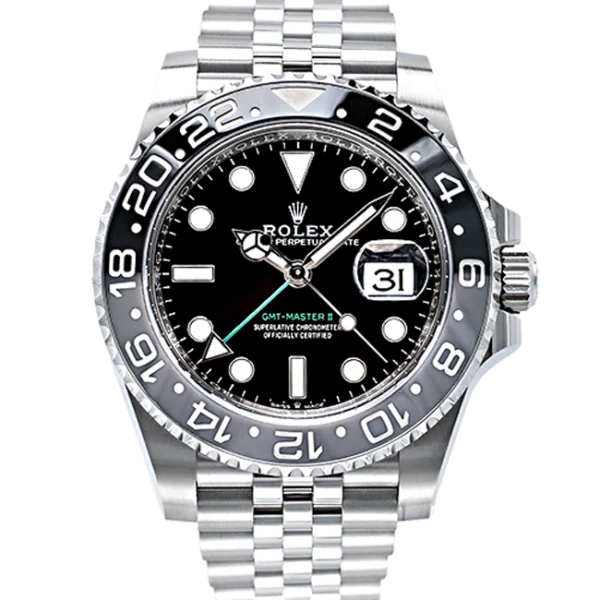 Rolex GMT-Master II Bruce Wayne Jubilee 40mm Black Dial Black and Grey Bezel - 126710GRNR - Brand New 2024 close front look