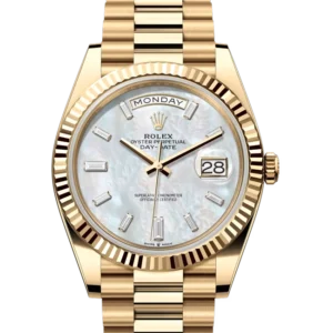 Rolex Day Date Mother Of Pearl Diamond Dial Yellow Gold 228238 closer