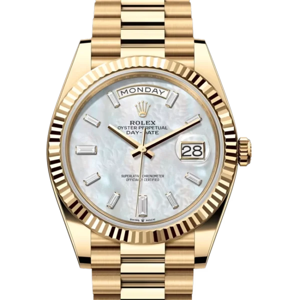 Rolex Day Date Mother Of Pearl Diamond Dial Yellow Gold 228238 closer