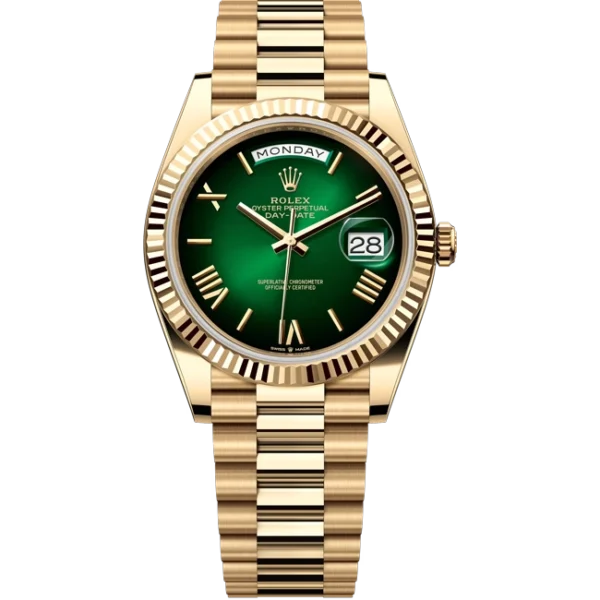 Rolex Day-date 40 Green Ombre Roman Numerals Yellow Gold 228238 front