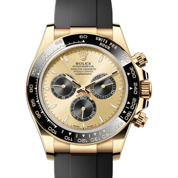 Rolex Daytona Yellow Gold and Bright Black Dial Oysterflex 126518ln-0012 - closer