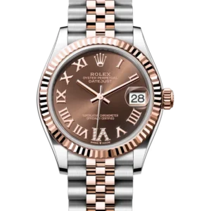 Rolex Datejust 31 Chocolate Roman Diamond Oystersteel Rose Gold Jubilee 278271 - Stock photo - Close front look