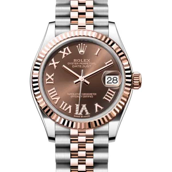 Rolex Datejust 31 Chocolate Roman Diamond Oystersteel Rose Gold Jubilee 278271 - Stock photo - Close front look