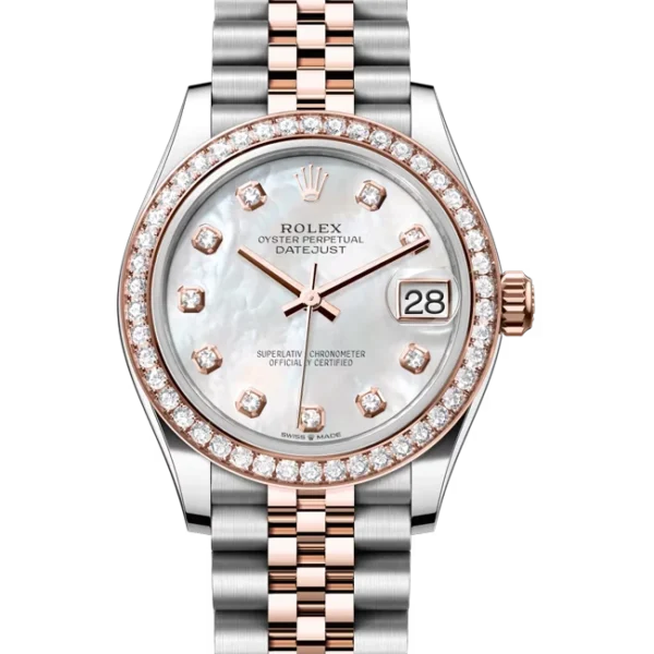 Rolex Datejust 31 Mother of Pearl Diamond Oystersteel Rose Gold Jubilee 278381RBR - Stock photo - Close front look