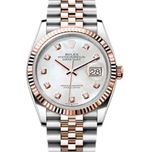 Rolex Datejust 36 Mother Of Pearl Diamond Oystersteel Rose Gold Jubilee 126231 - Stock photo - Close front look