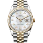 Rolex Datejust 36 Mother of Pearl Diamond Oystersteel Yellow Gold Jubilee 126283RBR - Stock photo - Close front look