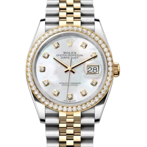 Rolex Datejust 36 Mother of Pearl Diamond Oystersteel Yellow Gold Jubilee 126283RBR - Stock photo - Close front look