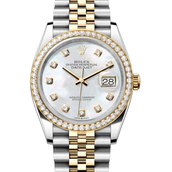 Rolex Datejust 36 Mother of Pearl Diamond Oystersteel Yellow Gold Jubilee 126283RBR - Stock photo - Close front look