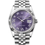 Rolex Datejust 36 Purple Roman Diamond Oystersteel White Gold Jubilee 126234 - Stock Photo - Close front look