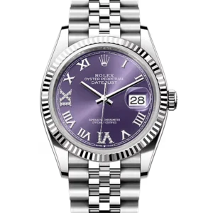 Rolex Datejust 36 Purple Roman Diamond Oystersteel White Gold Jubilee 126234 - Stock Photo - Close front look