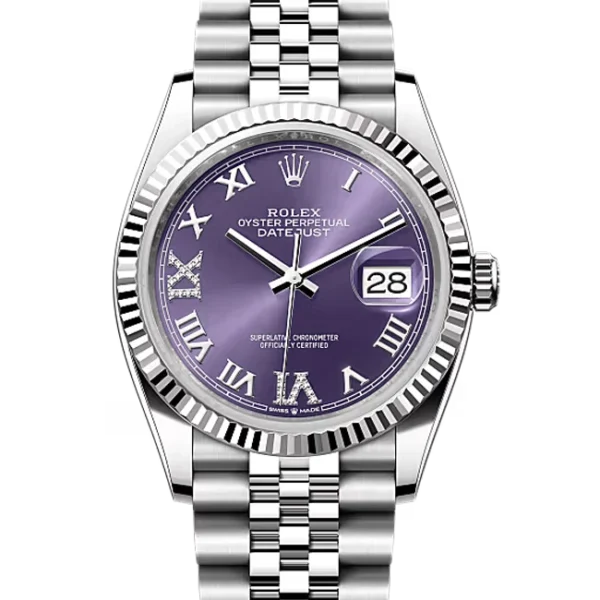 Rolex Datejust 36 Purple Roman Diamond Oystersteel White Gold Jubilee 126234 - Stock Photo - Close front look