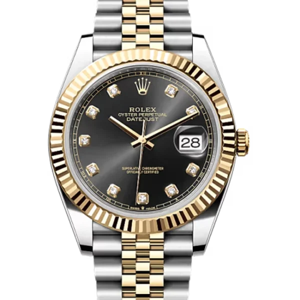 Rolex Datejust 41 Black Diamond Oystersteel Yellow Gold Jubilee 126333 - Stock photo - Close front look