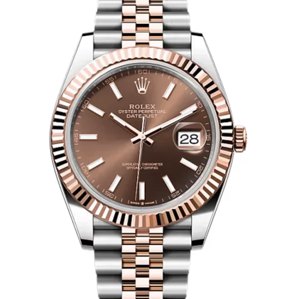 Rolex Datejust 41 Chocolate Index Oystersteel Rose Gold Jubilee 126331 - Stock photo - Close front look