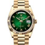 Rolex Day-date gold 36 green ombre dial 128238 close front look