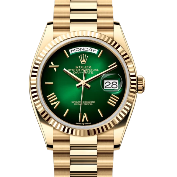 Rolex Day-date gold 36 green ombre dial 128238 close front look