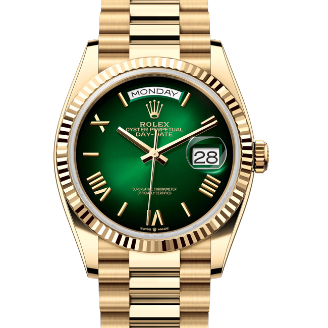 Rolex Day-date gold 36 green ombre dial 128238 close front look