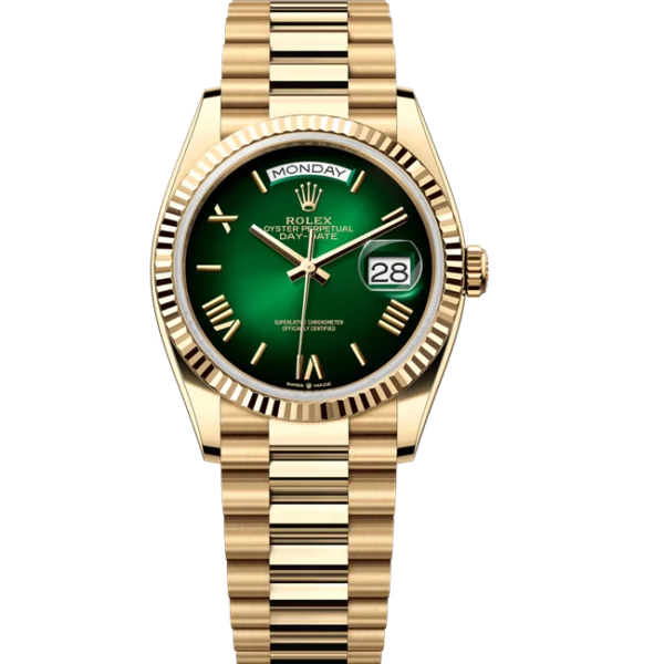 Rolex Day-date gold 36 green ombre dial 128238 front