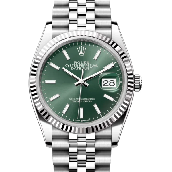 Rolex datejust 36 green index dial 126234 close front