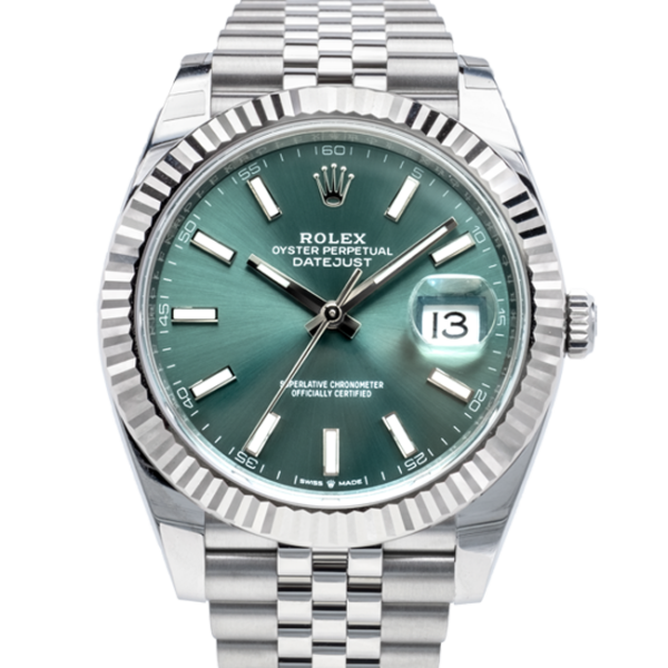 rolex datejust 41 mint green dial jubilee 126334 close