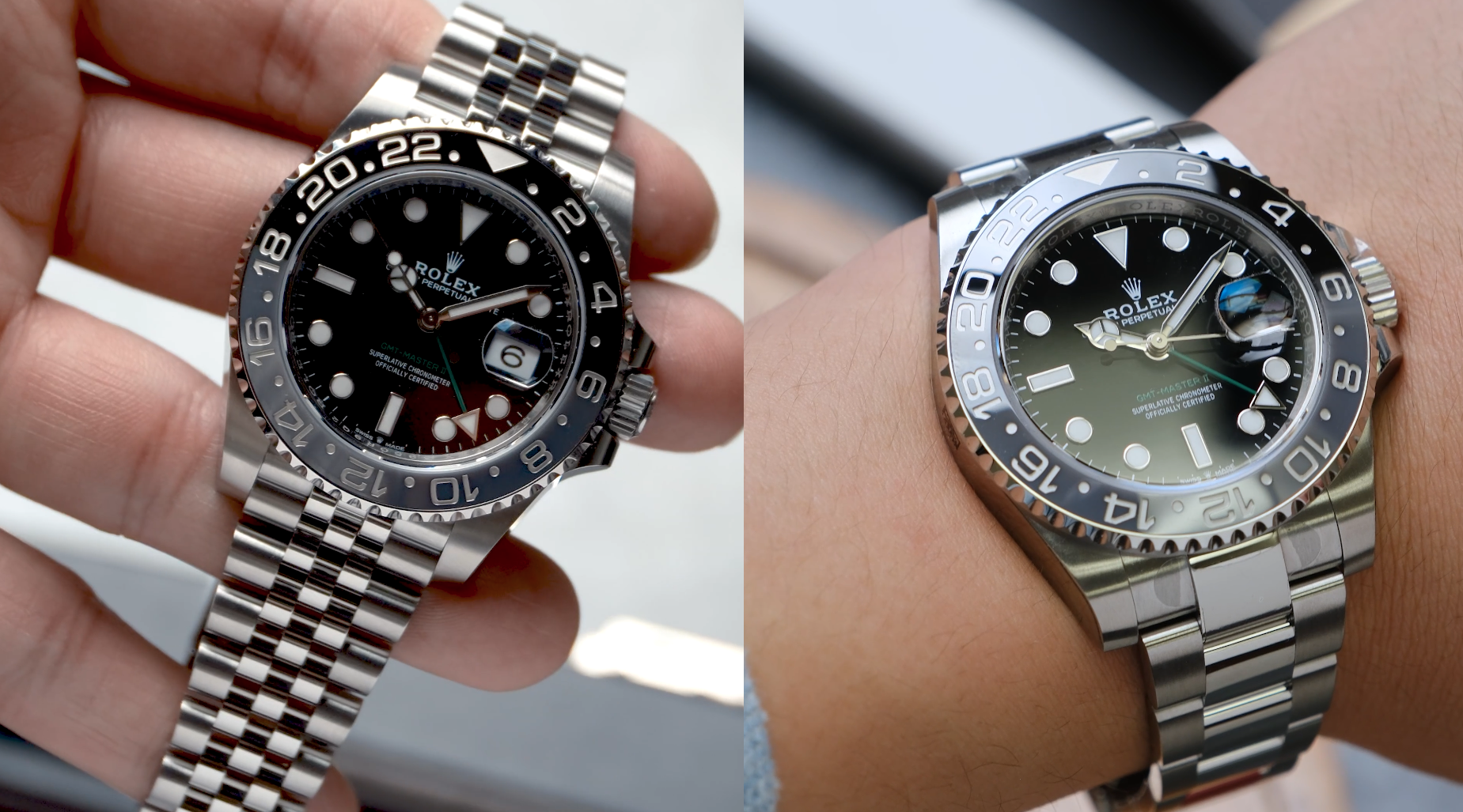 Left hand side is a Rolex GMT Master Bruce Wayne Jubilee and Right hand side is a Rolex GMT Master Bruce Wayne Oyster. Reference number is 126710GRNR