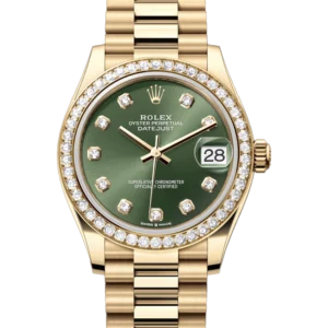 rolex datejust 31 green diamond dial diamond bezel president gold close look