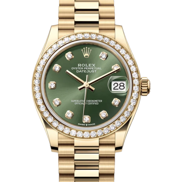 rolex datejust 31 green diamond dial diamond bezel president gold close look