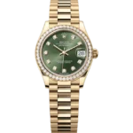 rolex datejust 31 green diamond dial diamond bezel president gold front