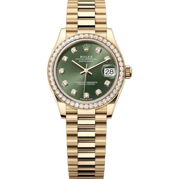 rolex datejust 31 green diamond dial diamond bezel president gold front