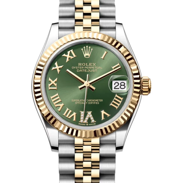 rolex datejust 31 green roman diamond dial jubilee 278273 close