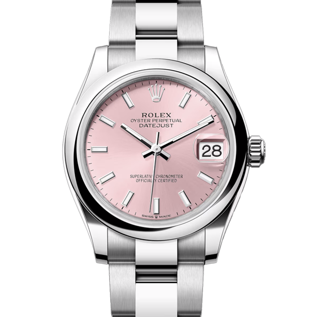 rolex datejust 31 pink dial oyster 278240 close front