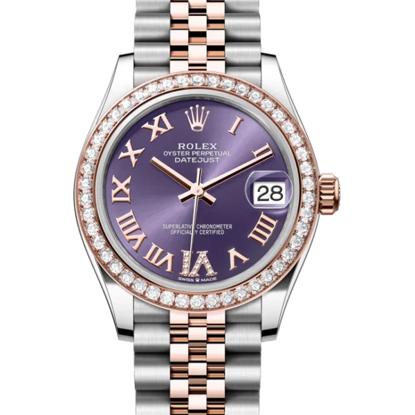 rolex datejust 31 purple roman diamond dial with diamond bezel 278381rbr close front