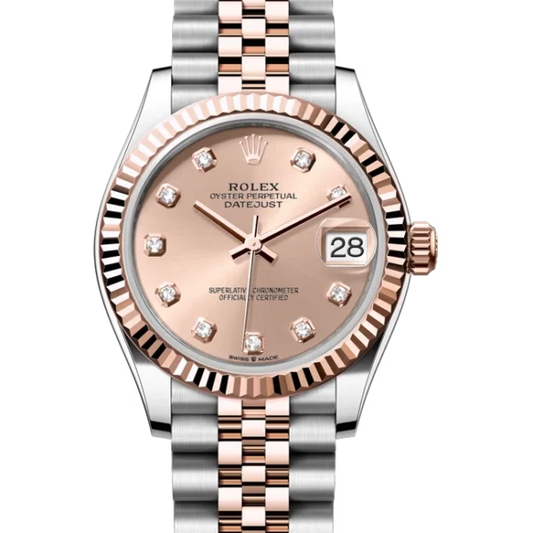 rolex datejust 31 rose diamond dial jubilee 278271 close front