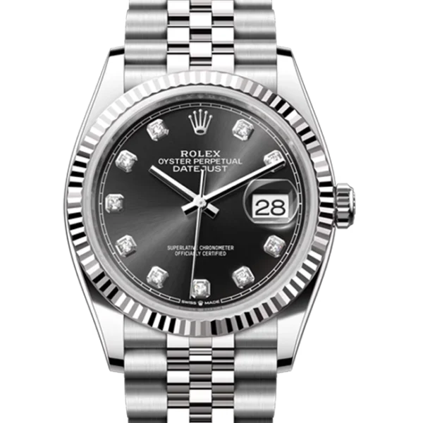 rolex datejust 36 black diamond dial jubilee 126234 close front