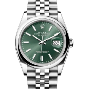 rolex datejust 36 green dial jubilee 126200 close front view