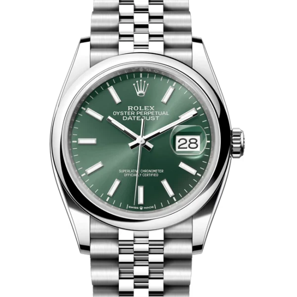 rolex datejust 36 green dial jubilee 126200 close front view