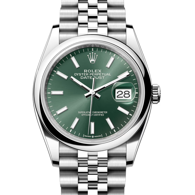 rolex datejust 36 green dial jubilee 126200 close front view