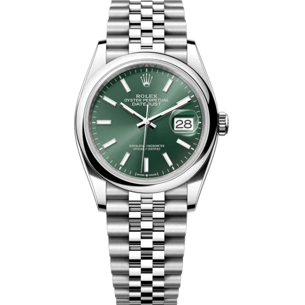 rolex datejust 36 green dial jubilee 126200 front view