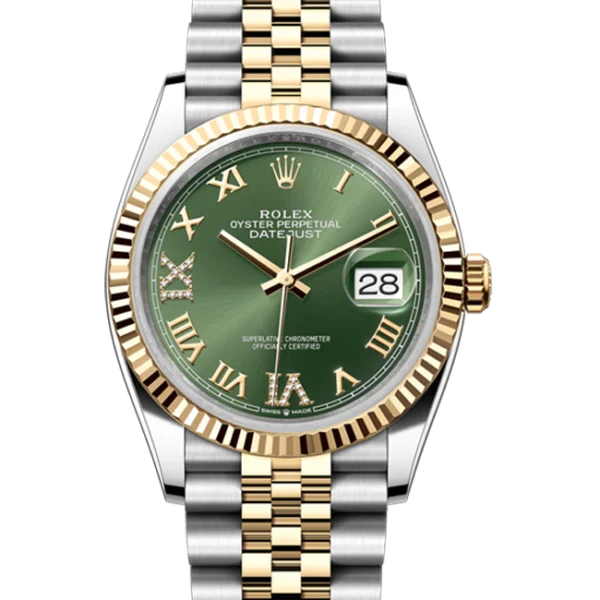 rolex datejust 36 green diamond dial jubilee close front