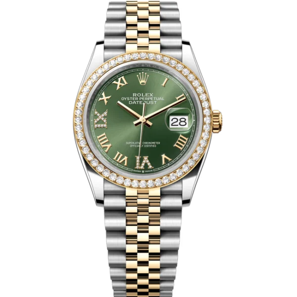 rolex datejust 36 green roman diamond dial 126283 front look