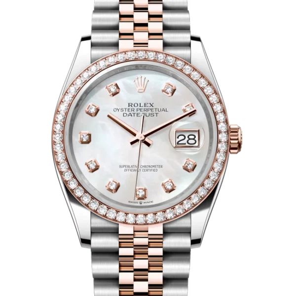 rolex datejust 36 mother of pearl dial jubilee 126281rbr close