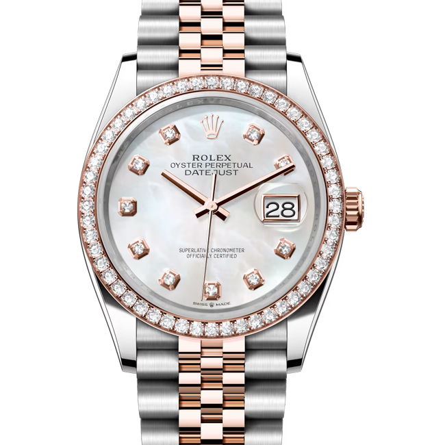 rolex datejust 36 mother of pearl dial jubilee 126281rbr close