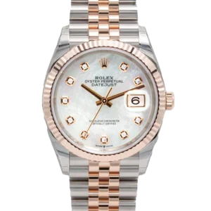 rolex datejust 36 mother of pearl diamond dial jubilee 126231 close front view